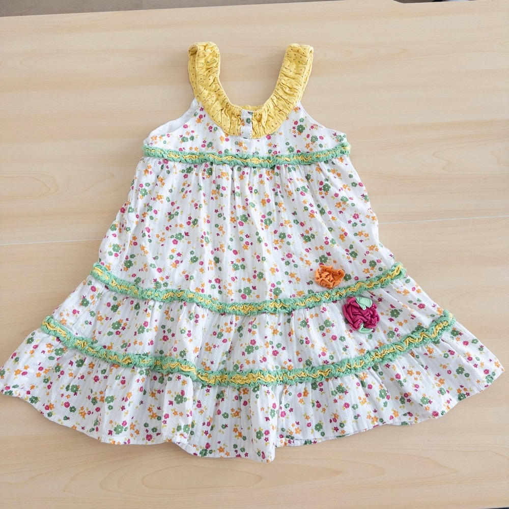Girls Floral Ruffle Dress Size 5 White Colorful Sleeveless Tiered Cotton Cottage